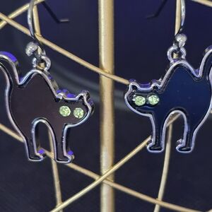 Halloween Black Cat Earrings with Green Glass Eyes Dangling Drop